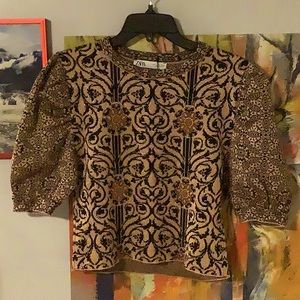 Zara metallic knitted puff sleeve cropped sweater